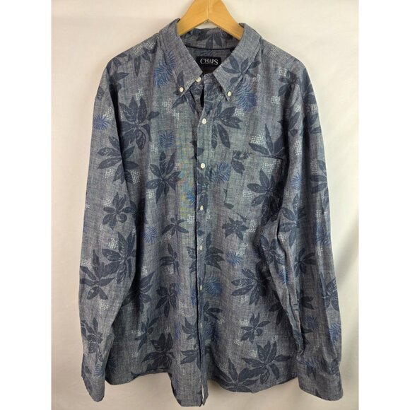 Chaps Mens Hawaiian Shirt Size 3XLB Blue Gray Floral Long Sleeve Button Down Top - Picture 1 of 11